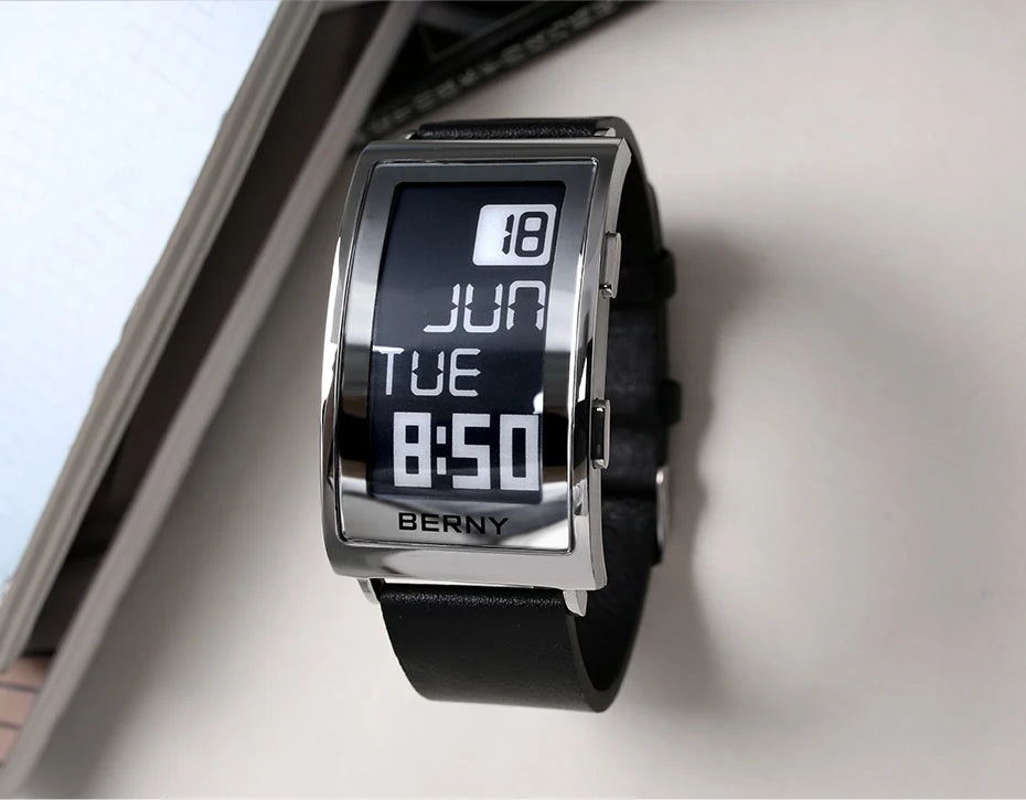 E002 E-Paper Digital Watch with Leather Strap