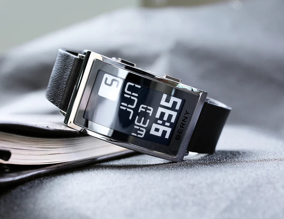 E002 E-Paper Digital Watch with Leather Strap