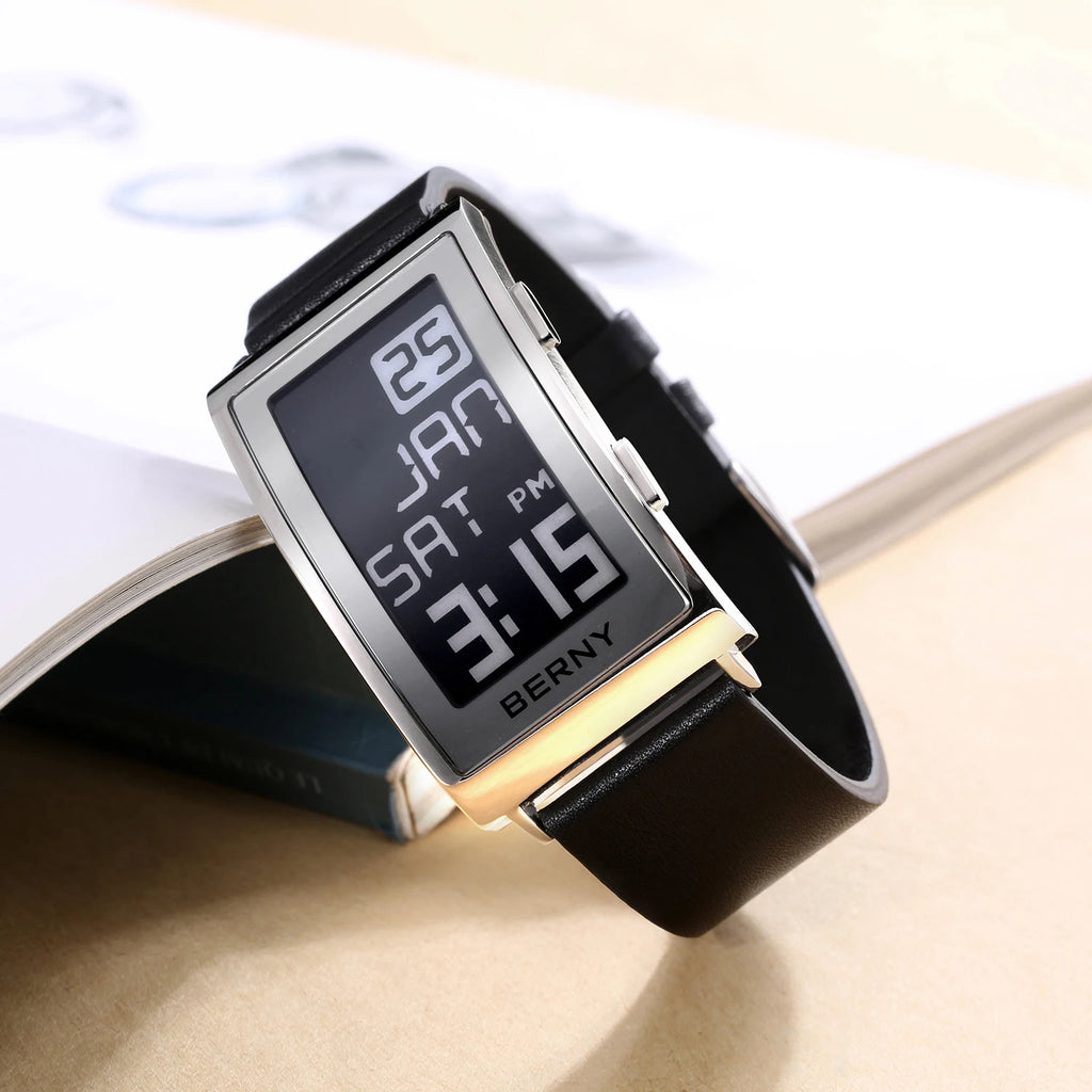 E002 E-Paper Digital Watch with Leather Strap