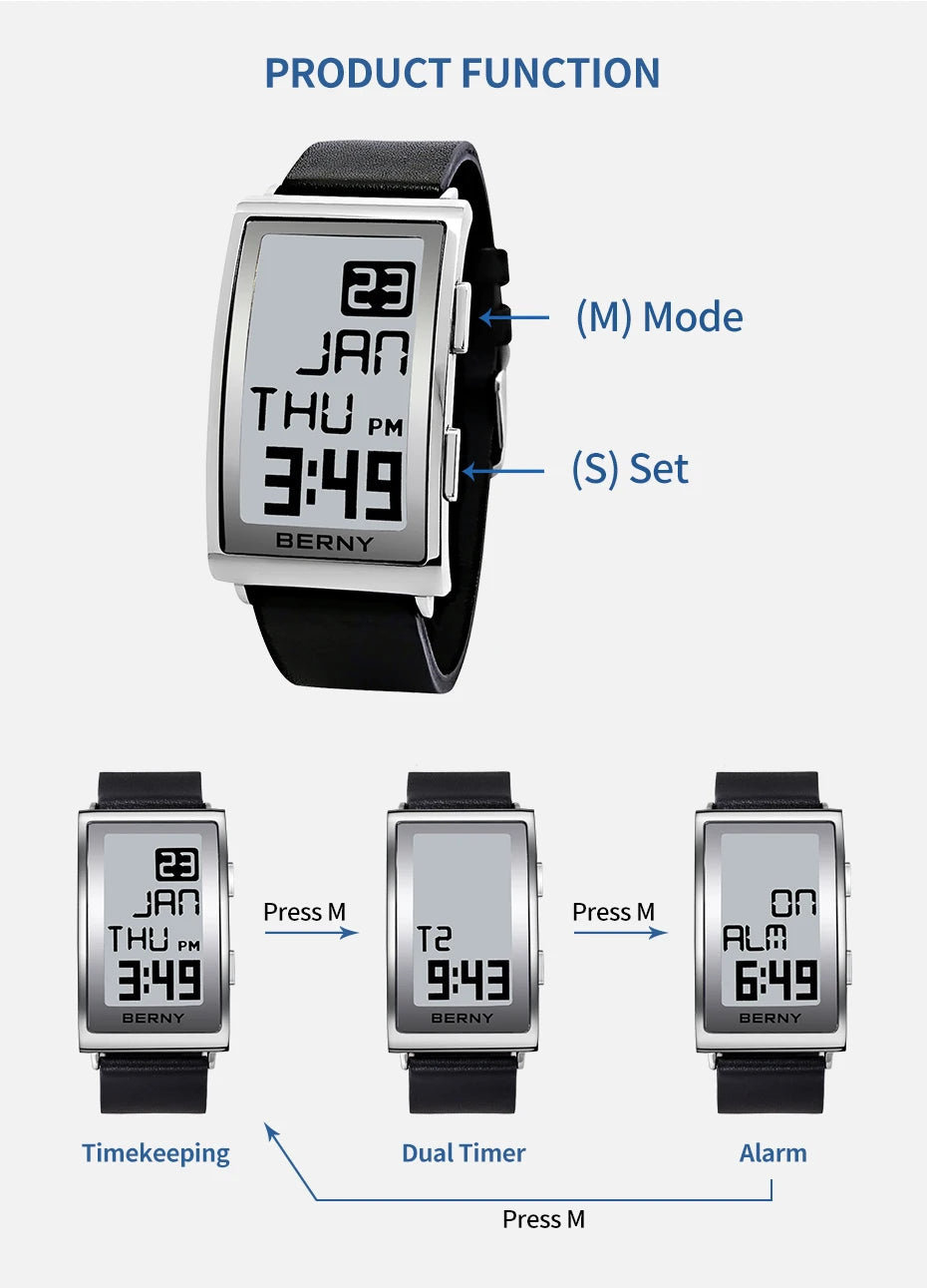E002 E-Paper Digital Watch with Leather Strap