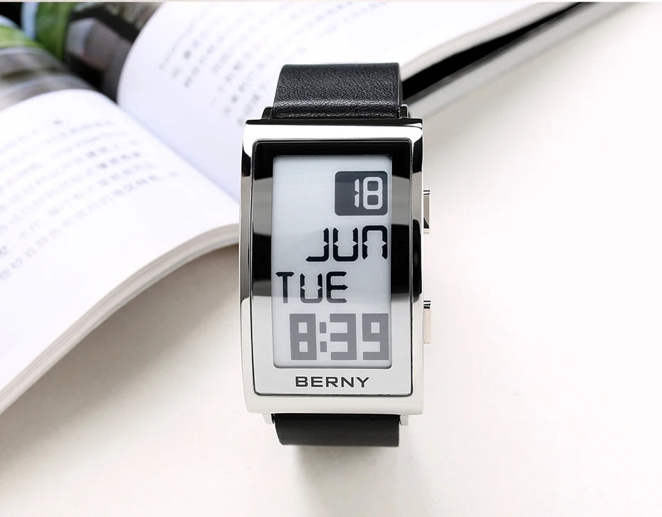 E002 E-Paper Digital Watch with Leather Strap