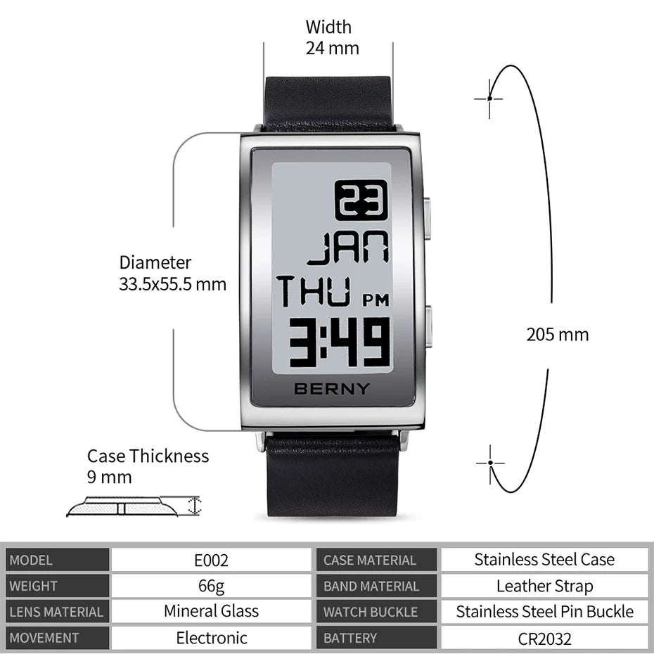 E002 E-Paper Digital Watch with Leather Strap