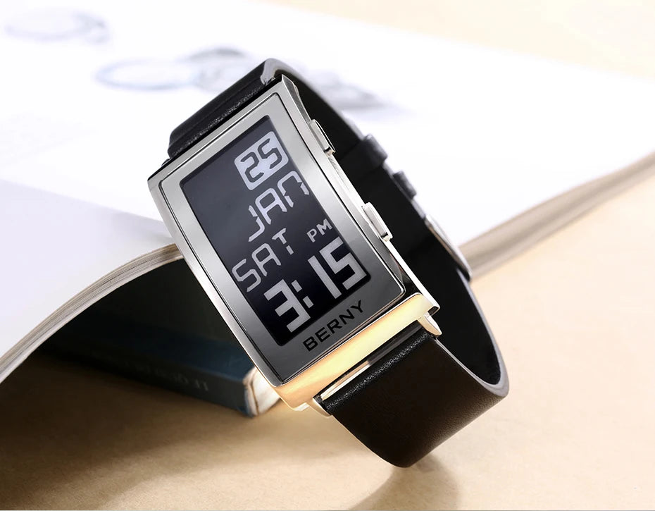 E002 E-Paper Digital Watch with Leather Strap