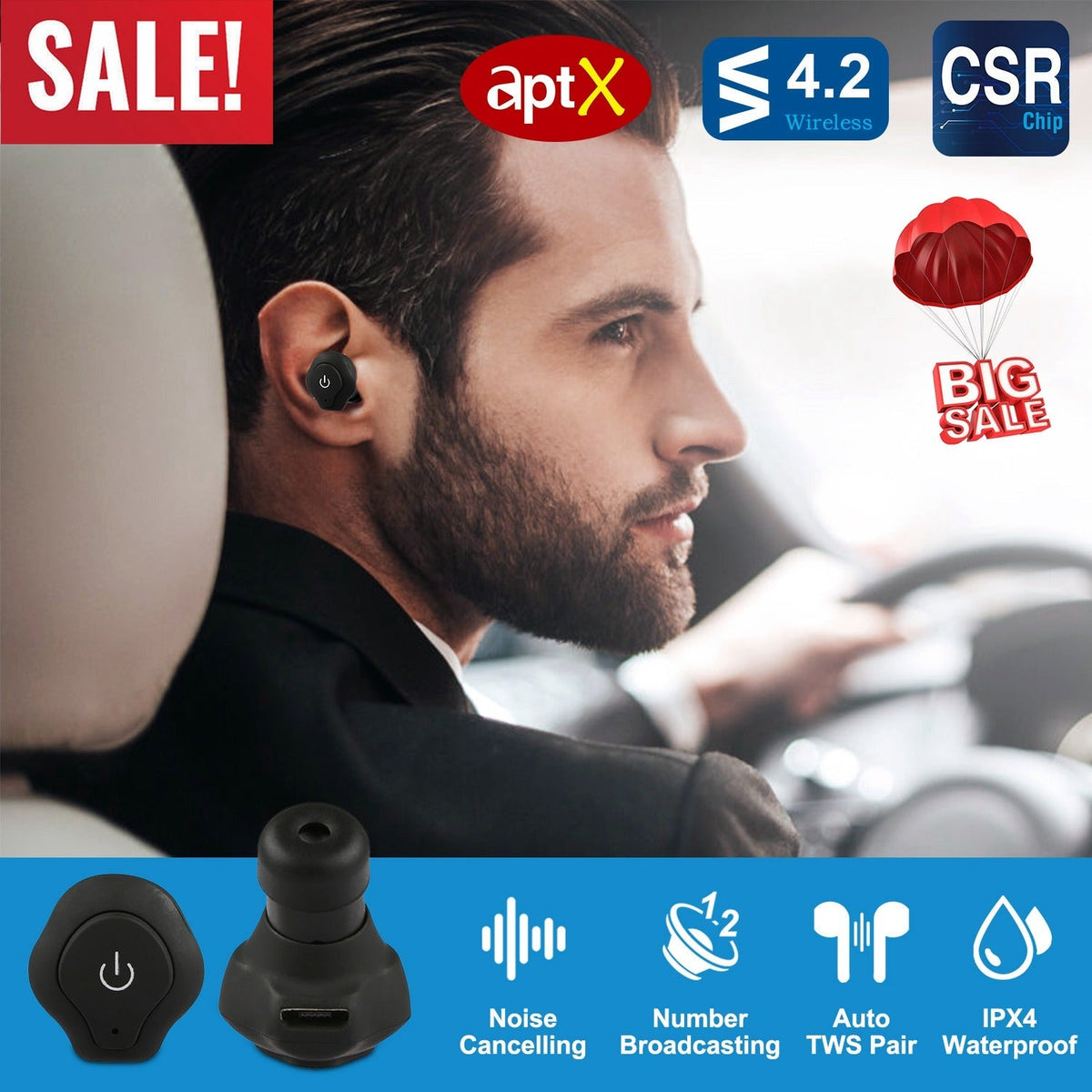 True Wireless Earbuds CSR V4.2 In-ear Stereo Headsets IP44 Waterproof Apt-X TWS Headphones Noise Cancelling w/ Mic for Business Driving Walking