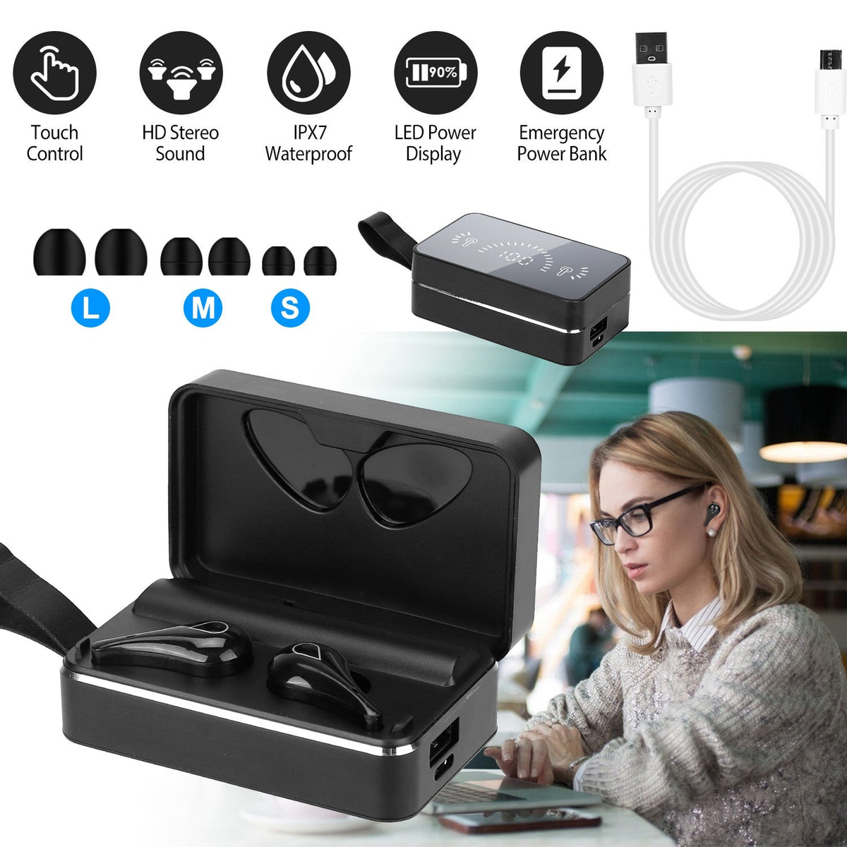 True Wireless V5.0 Earbuds IPX7 Waterproof Touch Control In-Ear Stereo Headsets TWS Noise Canceling Earbuds w/ LED Display Magnetic Charging Dock