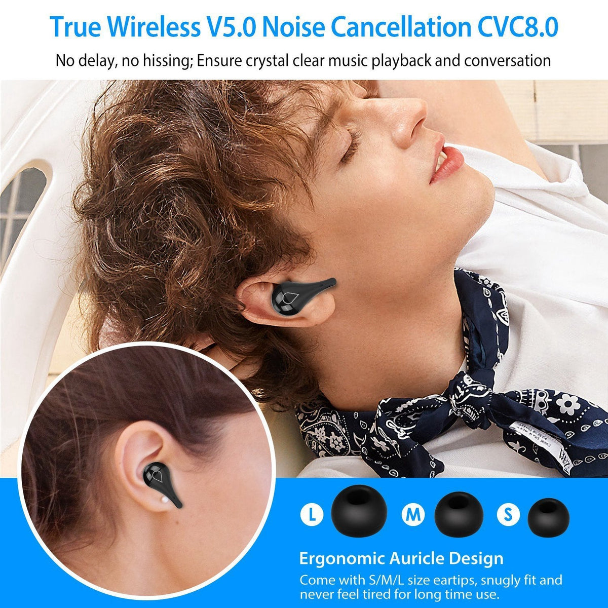 True Wireless V5.0 Earbuds IPX7 Waterproof Touch Control In-Ear Stereo Headsets TWS Noise Canceling Earbuds w/ LED Display Magnetic Charging Dock