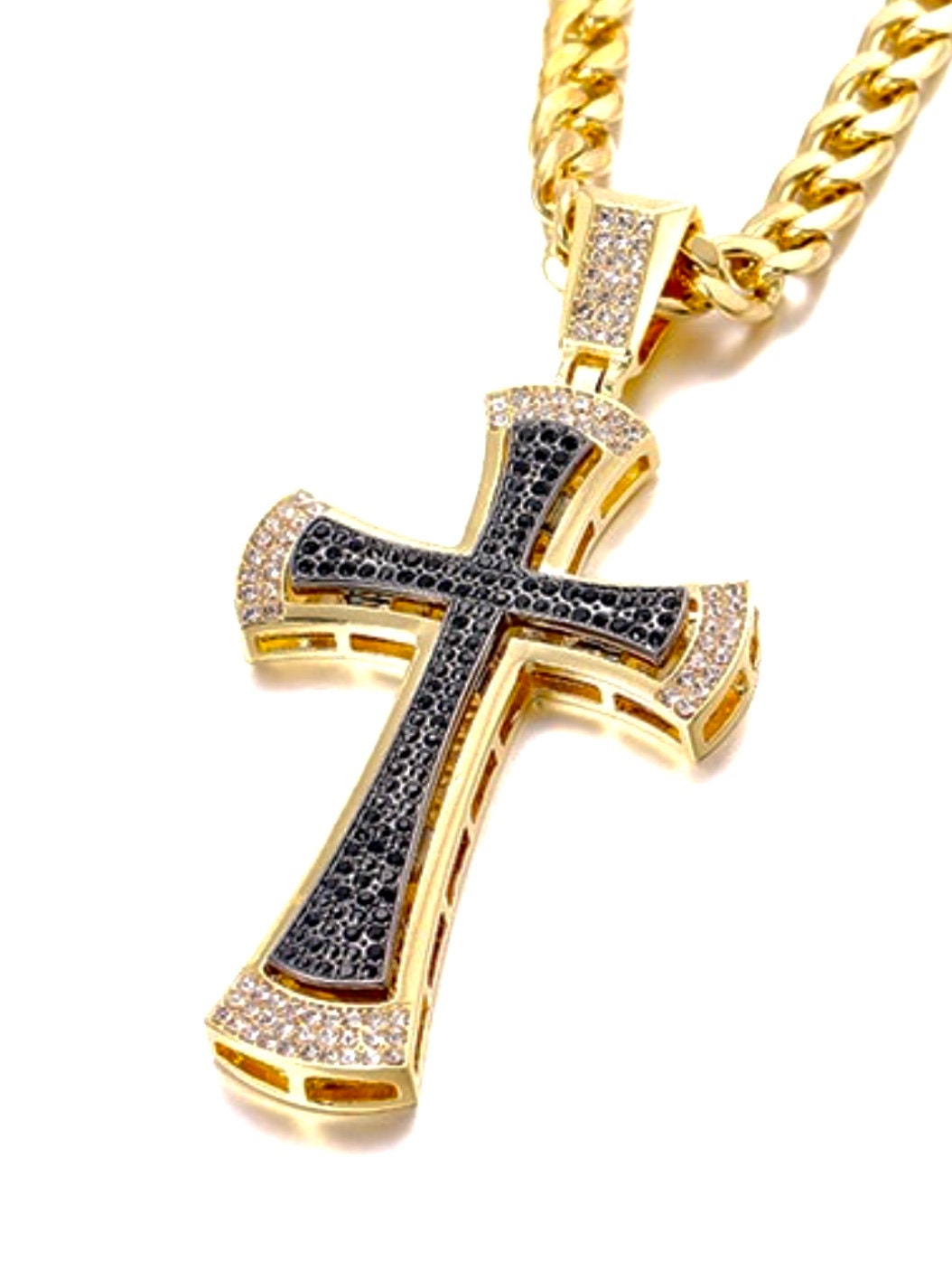 Curved Iced Out Crucifix Cross Necklace for Men Swag Silver Gold and Back CZ Heavy Stainless Thick Curb Chain Jewelry Iced Out Rapper