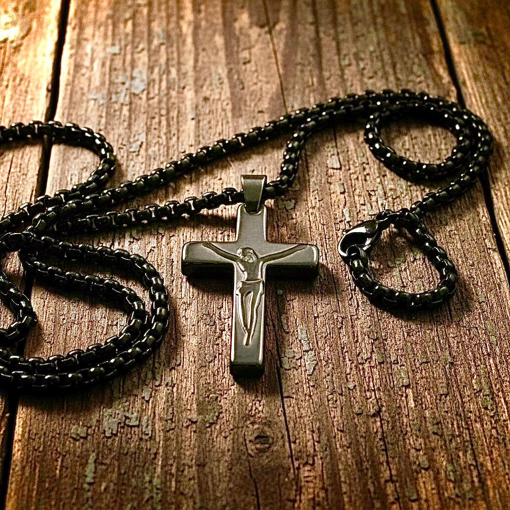 Black Hematite Cross Necklace, Etched Jesus Crucifix Pendant