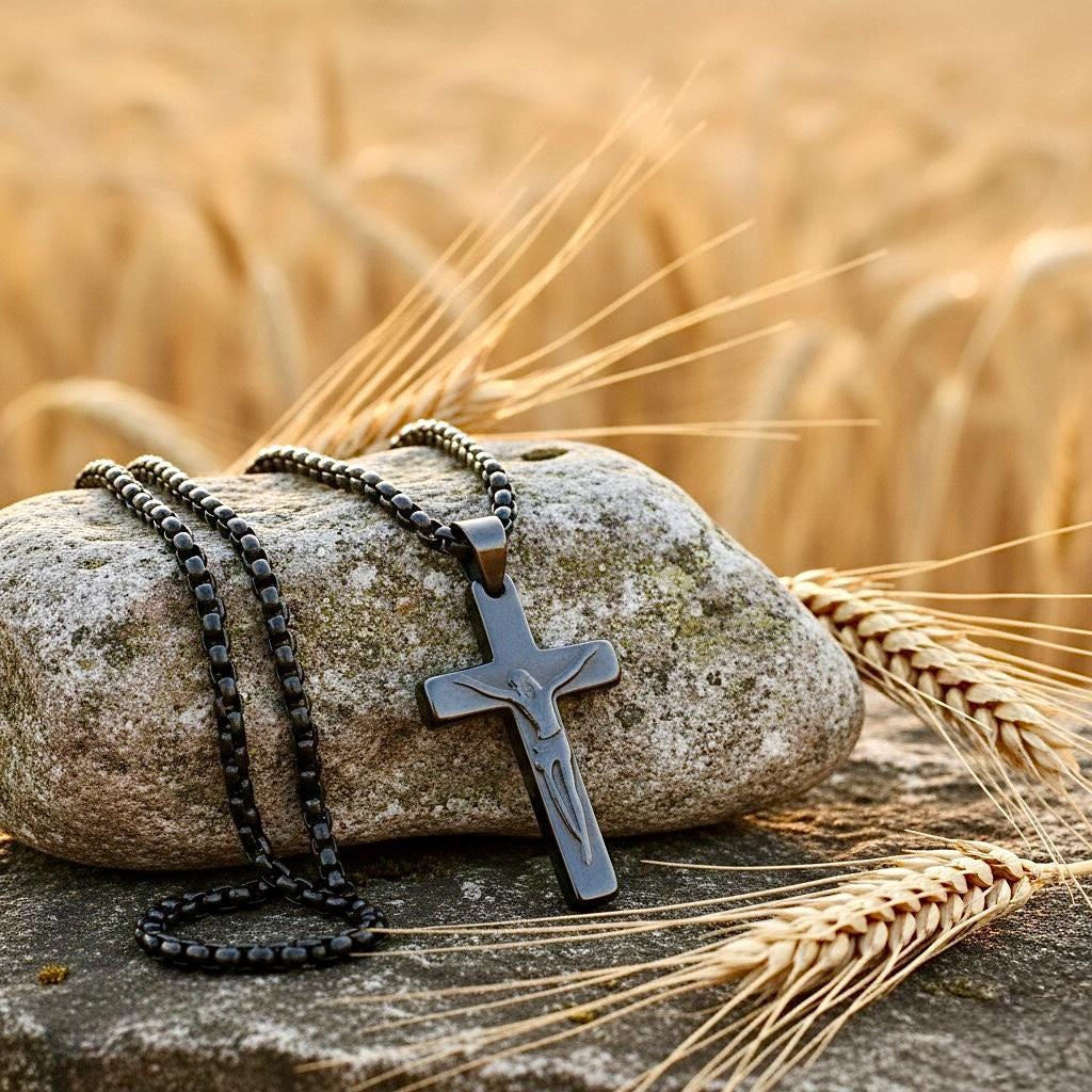 Black Hematite Cross Necklace, Etched Jesus Crucifix Pendant